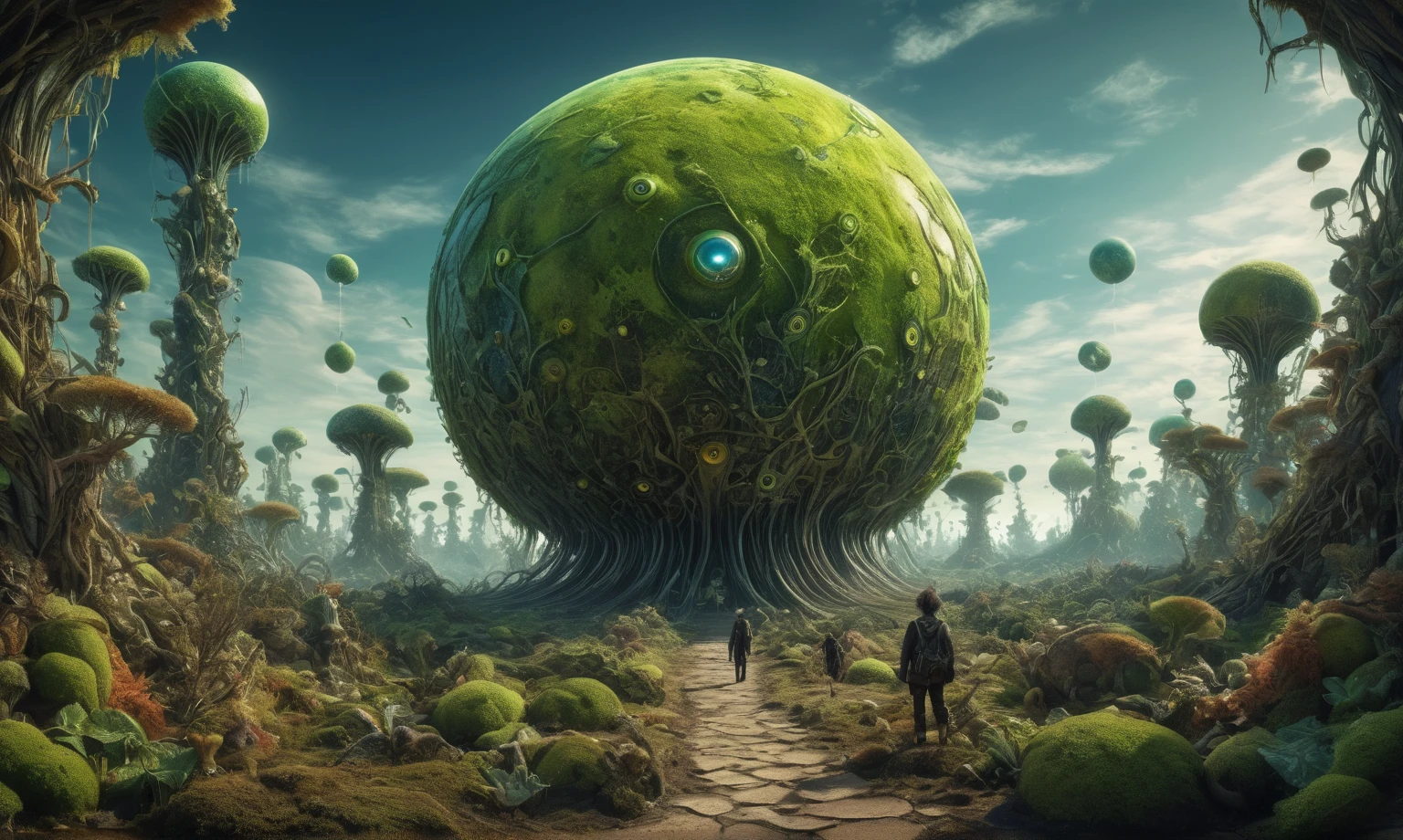 overgrown planet, green planet, Fractal World, A lush world of fantasy, fantasy planet, Dyson , planetary landscape, round planet inspired by Jofra Bosschart, planet, Future World, psychedelic Mysterious World,full body length shot,nerd graphite Alien Entity,native africa ,nowadays azctec central city,Cinematic,soft colors, Technicolor,natural skin textures, hyper realism, hyper detailed,Extremely detailed,High contrast,Masterpiece,Realistic,Ultra Detailed, intricate details,realistic humid leather,extremely intricate details,Epic Realistic, cinematic style, irina yermolova,high contrast,hdr,extremely detailed, landscape,masterpiece, intricate details, eyes extremely detailed, high detailed eyes,8k resolution,retina, Nikon Z9,Korea,goblin,Finland, Pisces, transition between two art styles,full body length, Double contact, X-ray, Creative, vivid light, fantasy, Abstract, Surrealism, super detailed, high resolution,insanity national folk wear,skin almost translucent, gothic elements, Mestichino,Light particles,chaos,starfish's leather, terror,(fish eyes, calaveras)