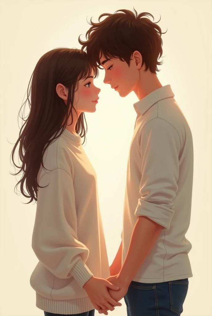 Create an image of a couple holding hands, The girl who is thin with slightly long hair, with a white sweater and the boy with a white shirt, the curly haired boy, that it can be seen that they are turned back