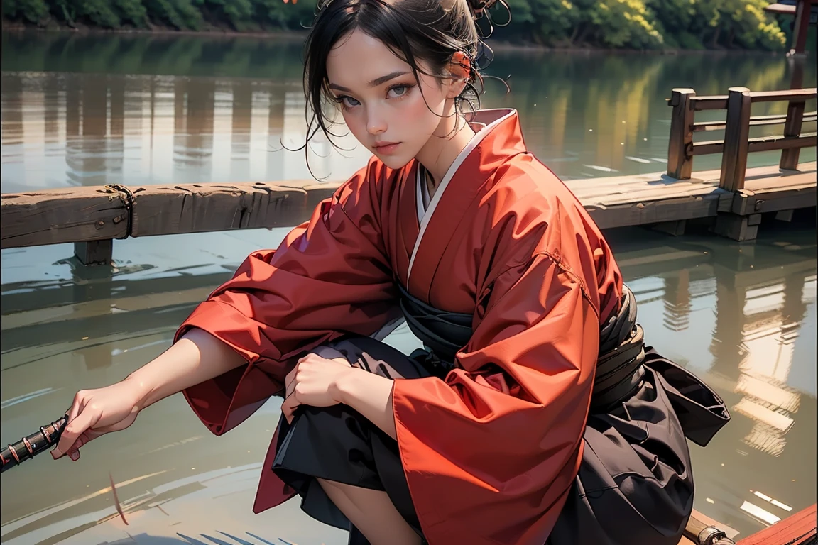 ((masterpiece, highest quality, Highest image quality, High resolution, photorealistic, Raw photo, 8K, Extremely detailed CG unified 8k wallpaper)), Fishing Samurai girl, black hair tied back, detailed beautiful face, detailed female hands, wearing red kimono and black hakama, (Crouching on a wooden bridge, holding a fishing rod and casting the line into the river:1.3), viewed from the side.