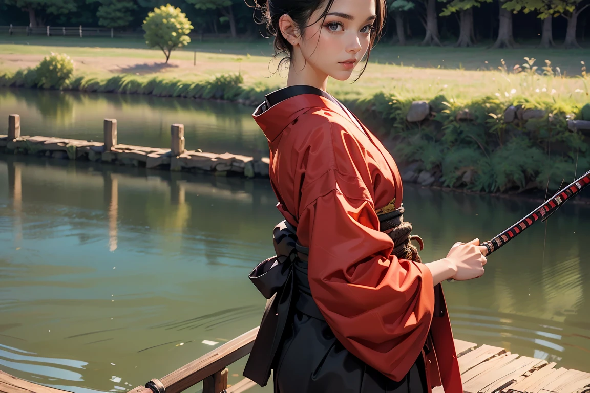 ((masterpiece, highest quality, Highest image quality, High resolution, photorealistic, Raw photo, 8K, Extremely detailed CG unified 8k wallpaper)), Fishing Samurai girl, black hair tied back, detailed beautiful face, detailed female hands, wearing red kimono and black hakama, (Crouching on a wooden bridge, holding a fishing rod and casting the line into the river:1.3), viewed from the side.