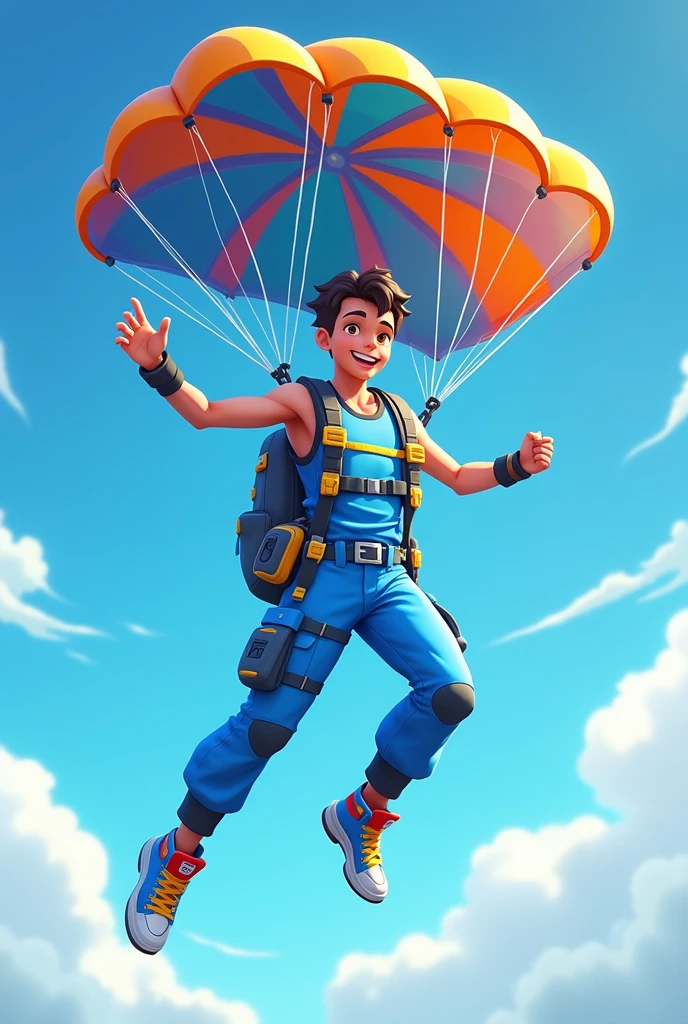A young male character from a battle royale game wearing blue clothes and sneakers, jumping out of a plane with a parachute. Very cartoonish graphic