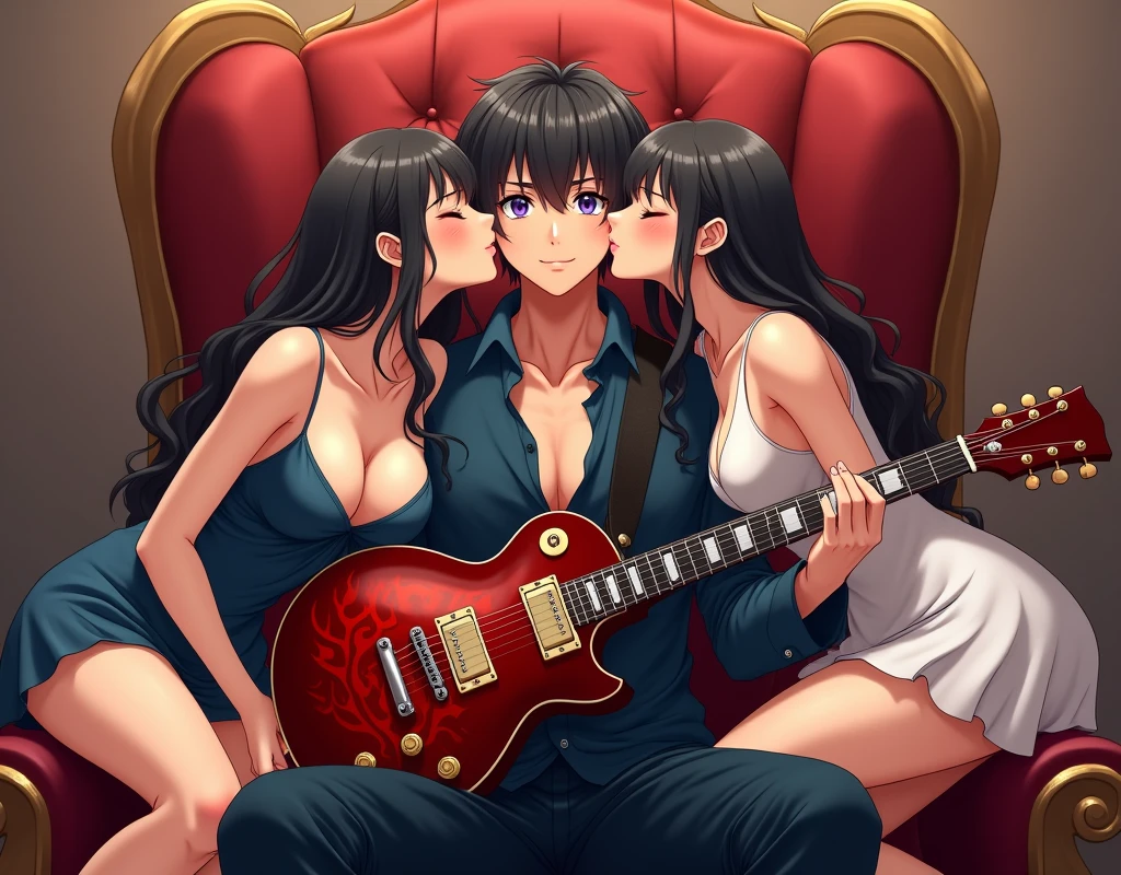 obra maestra, de la máxima calidad, (Solo enfoque), (cara perfecta:1.1), (Alto detalle:1.1), (ojos hiper detallados), an anime-style image featuring a young man in his 20s sitting on a throne-like chair, holding a dark red Les Paul Supreme guitar with flame patterns. Two beautiful, well-endowed girls are seated on the armrests of the chair, each on one side of the boy. Both girls, dressed in cute, stylish dresses, are kissing the boy, one on each cheek, while playfully competing for his attention. The scene should capture the affectionate and flirtatious energy, with the girls’ attractive figures and fashionable dresses prominently featured