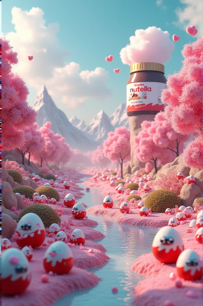 Kinder Egg Landscape a bunch of Kinder Eggs a river the Kinder Joy and a bunch of toys and also a jar full of Nutella and also cotton candy the world of sweets the paradise