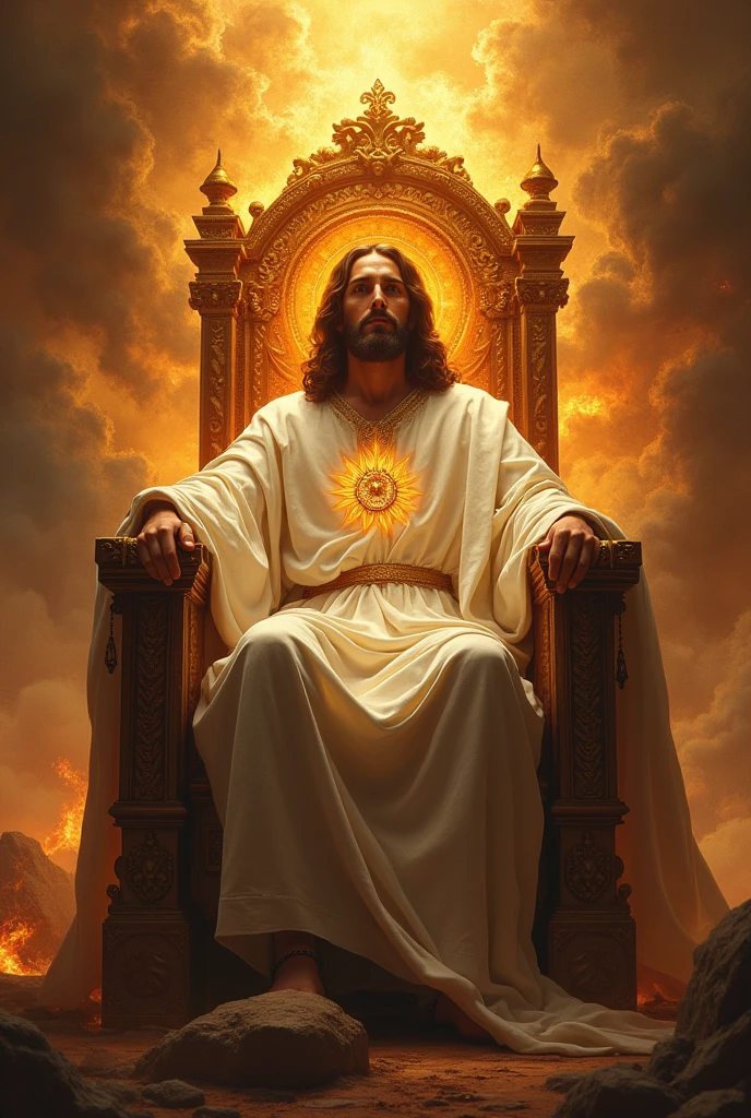 Jesus glorified With his eyes of fire Seated on the throne