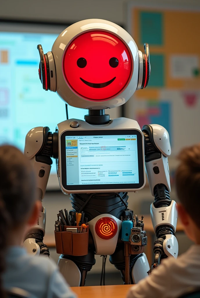 A robot with a smiling red face, with a screen on his chest and full of tools on a belt, as a teacher