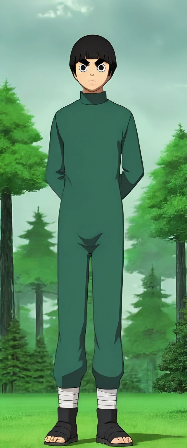 young man, tanned skin, black bowl cut hair, thick black eyebrows, round black eyes, big lips, forest green clothes, Rock lee, realistic, 3d