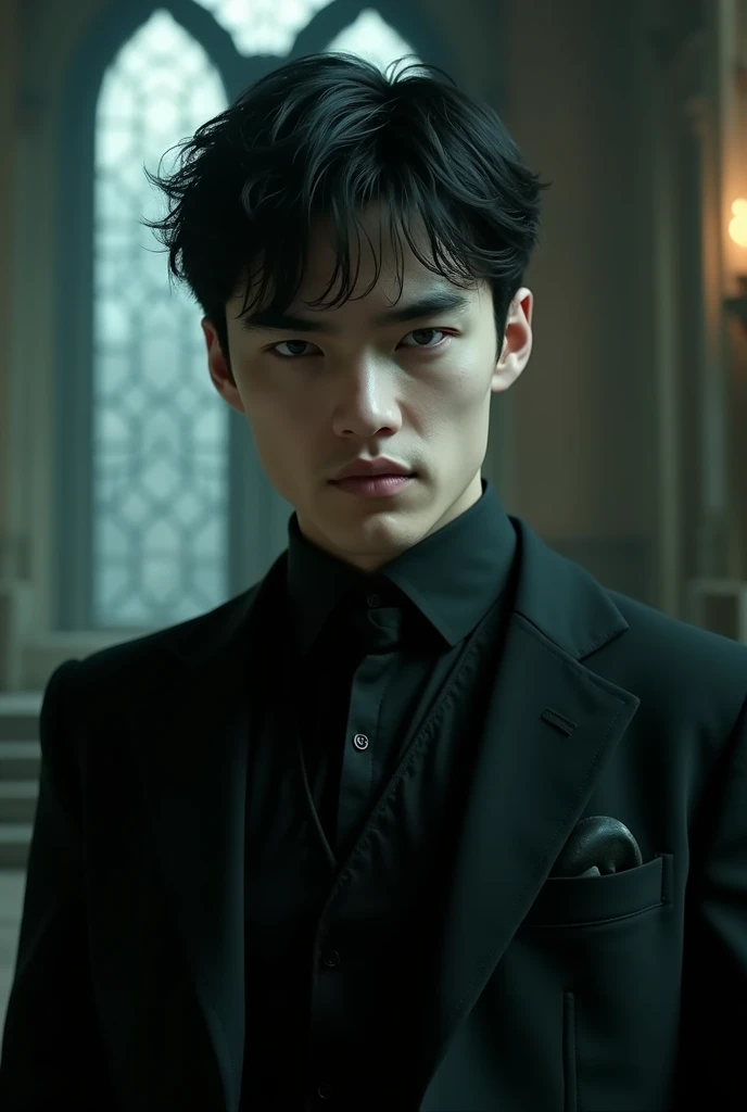Young man, short black wavy hair, white skin, cold and captivating gaze, green eyes, hard and masculine features, serious and cold gaze, he exudes power within the charge room at Hogwarts. Dressed in an elegant black suit, he exudes an air of power and mystery. Looking straight ahead, in a central position, Drawing 