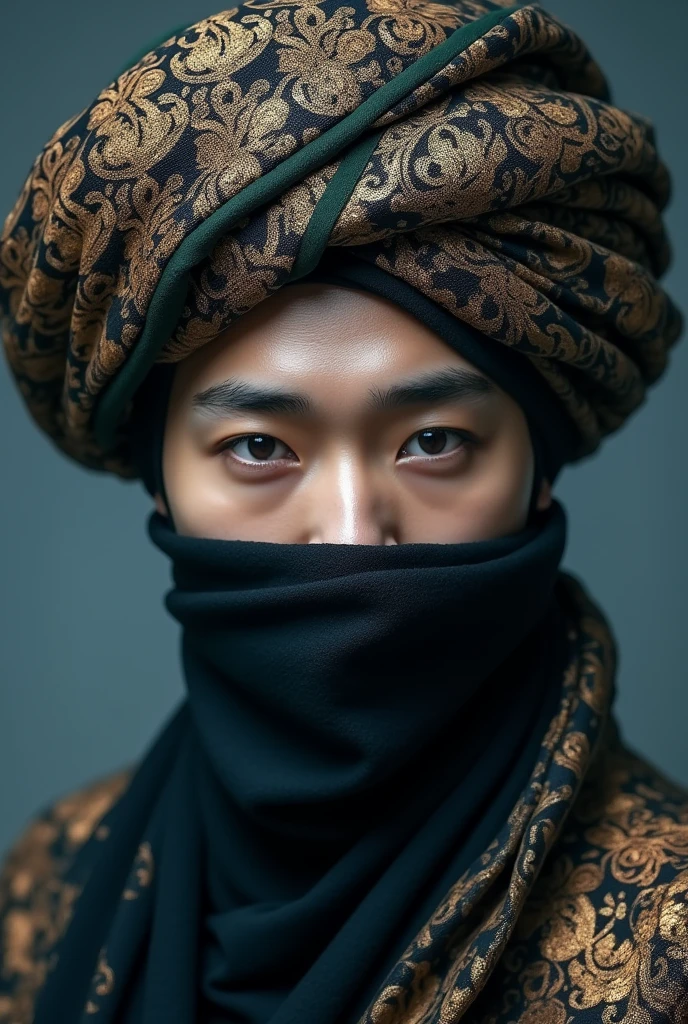 Jeon jungkook with a turban on his head and his mouth covered