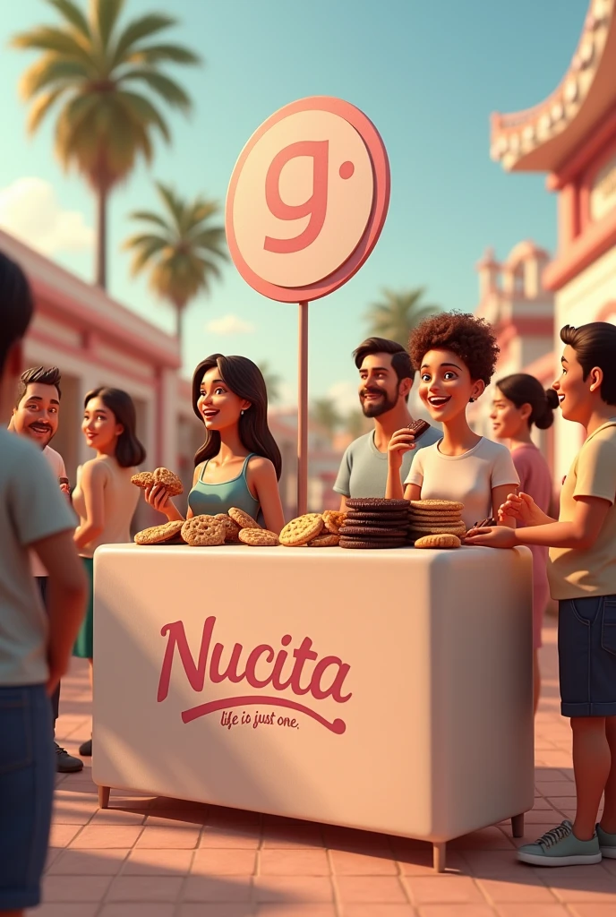 Create a realistic booth on just one rectangular cookie business fair table, Please use the cookie logo at the stand (the brand logo) use pastel colors. The logo is a "g" and the phrase "life is just one" both in italics please.
In Spanish the words of the stand. Decorate the stand with nucita cookies, white chocolate and dark chocolate. Next to the stand there are several realistic people eating cookies, smiling and enjoying themselves..
The logo is a "g" and the phrase "life is just one" both in italics please