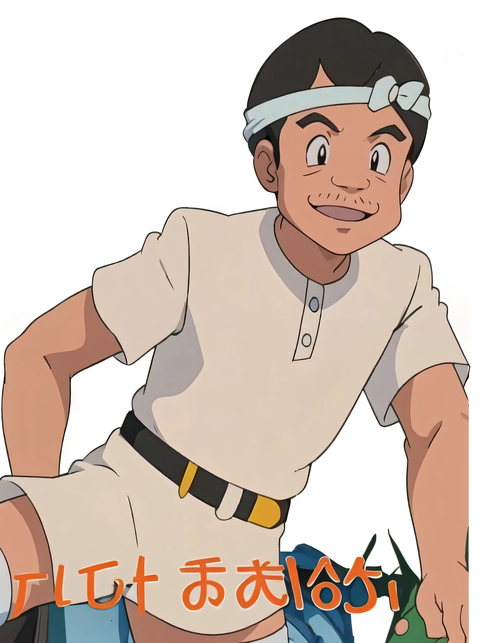 (masterpiece, best quality:1.2,ultra detailed,8k,zettai ryouiki),1boy,solo,Magikarp Salesman \(pokemon\),black eyes,black hair,white shirt,white headband,short sleeves,beard,looking at viewer,smile
