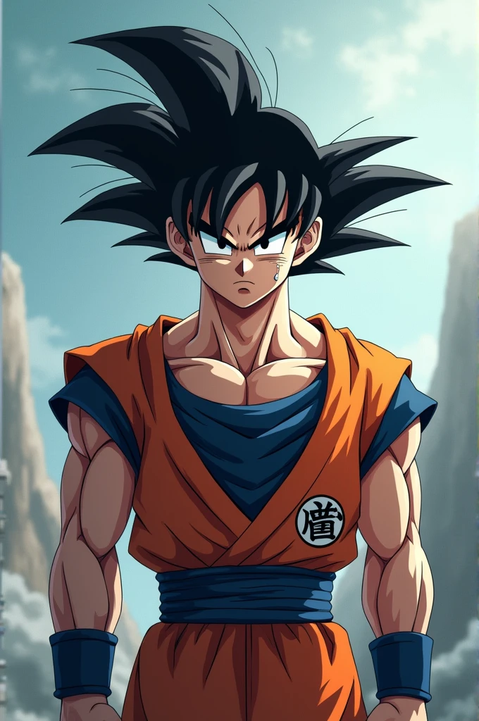 create a mobile wallpaper, must contain a goku hero, staring at the screen after a long fight, he is very tired and has a face of bulletproof and priceless determination