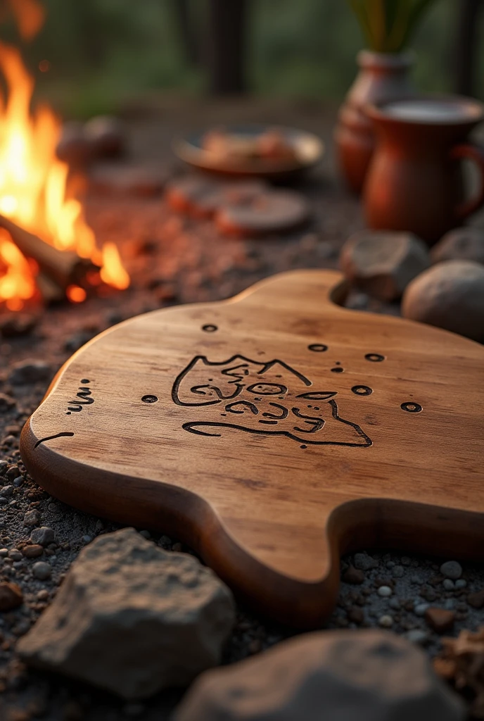 Create an image of a wooden barbecue board in the shape of a dolphin with a bear claw mark