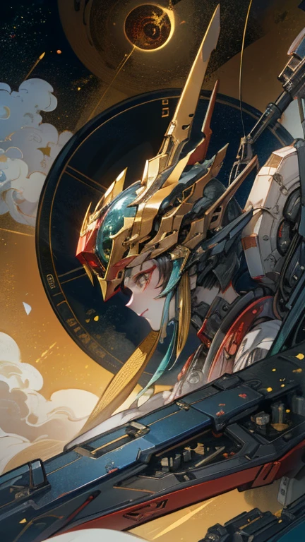 (((masterpiece))), (((Highest quality))), ((Very detailed)), (Highly detailed CG illustrations), ((Very delicate and beautiful)),(From the side),Cinematic Light,A girl climbs into the cockpit、Black Hair、long、Boarding a small spaceship，In the cockpit，Starry Sky, Big Clouds,colored glaze,Golden Universe，Space Station、Preparing for takeoff、Spacesuit、Aiming for Andromeda、Toa Heavy Industries decals、Lonely smile，Good luck，Close the hatch，Complex Instrumentation、White Mask
