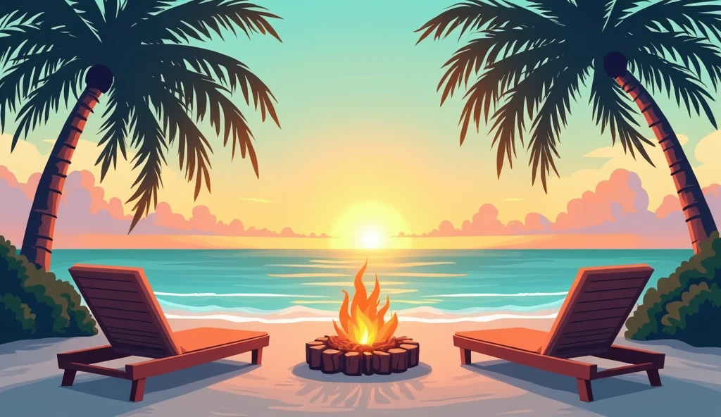 Create a flat color illustration of a tranquil Miami sunset scene. The softly glowing sky transitions from warm oranges to gentle blues and pastel greens as the sun sets. In the background, a cozy driftwood-adorned beach bonfire crackles softly, its warmth inviting relaxation. Palm trees sway gently in the evening breeze, adding to the serene atmosphere. The overall scene should evoke the perfect chill of a Miami summer evening.