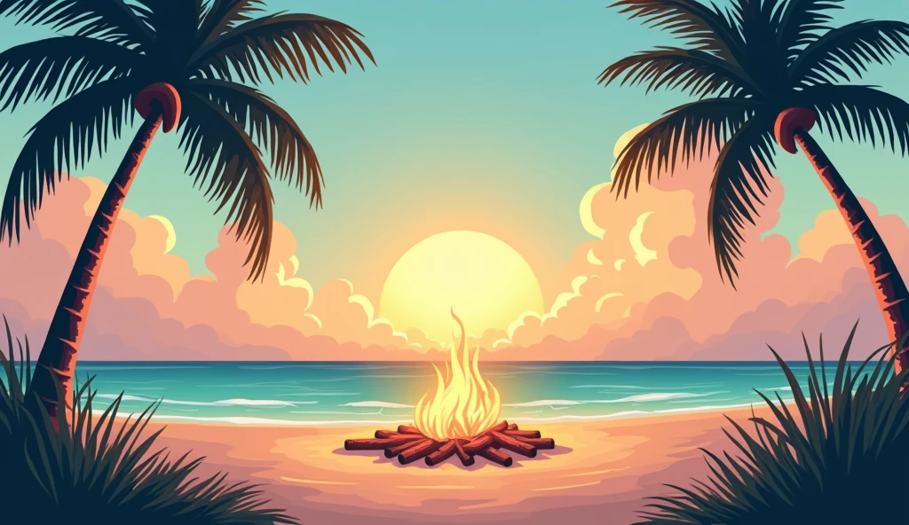 Create a flat color illustration of a tranquil Miami sunset scene. The softly glowing sky transitions from warm oranges to gentle blues and pastel greens as the sun sets. In the background, a cozy driftwood-adorned beach bonfire crackles softly, its warmth inviting relaxation. Palm trees sway gently in the evening breeze, adding to the serene atmosphere. The overall scene should evoke the perfect chill of a Miami summer evening.