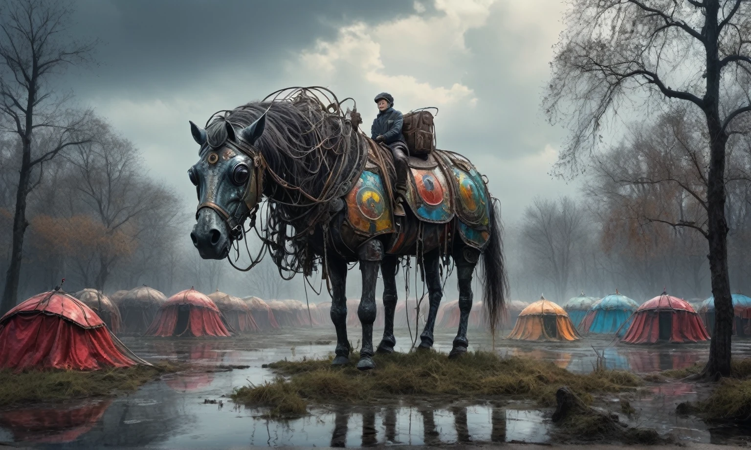 insane pilot from USSR , camouflage Rusty, after a psychiatric clinic,winter,intricate landscape,slate grey atmosphere,film grain,faded,eyes extremely detailed,another world,view from height,once pretty face,eyebrow up,full body shot,ominous landscape, Simon Stalenhag,Nicola Samori,full body shot,beggar paladium The Alien Entity,Technicolor,natural skin textures, hyper realism, hyper detailed,Extremely detailed,High contrast,Masterpiece,Realistic,Ultra Detailed, intricate details,realistic humid leather,extremly intricate,Epic Realistic, cinematic style,irina yermolova,high contrast,hdr,extremely detailed, deep night landscape,masterpiece,intricate details,faded,eyes extremely detailed, high detailed eyes,8k resolution,RAW,retina, Nikon Z9,China,tkt style, transition between two art styles, Ink painting to photorealism, Double contact, X-ray, Creative, vivid light, masterpiece, fantasy, Abstract Surrealism, super detailed, high resolution, stop:35;Her skin is pale, almost translucent,ancient rock,a hot air soars through the layers of clouds, revealing a colossal and enigmatic cityscape nestled within. The buildings in this ethereal city are adorned with intricate details and exude an aura of mystery. Above the cityscape, lend an enchanting touch to the scene. steampunk. The intricate mechanics create a sense of wonder and fascination, as if stepping into a dreamlike realism,Marta Bevacqua, ais-sinisterz, a derelict circus in the middle of a swamp, remnants of colorful tents, a silent carousel with spectral horses, all under a sky heavy with storm clouds