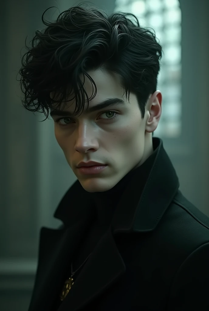 Young man, short black wavy hair, white skin, cold and captivating gaze, green eyes, hard and masculine features, serious and cold gaze, he exudes power within the charge room at Hogwarts. Dressed in an elegant black suit, he exudes an air of power and mystery. Looking straight ahead, in a central position, Drawing