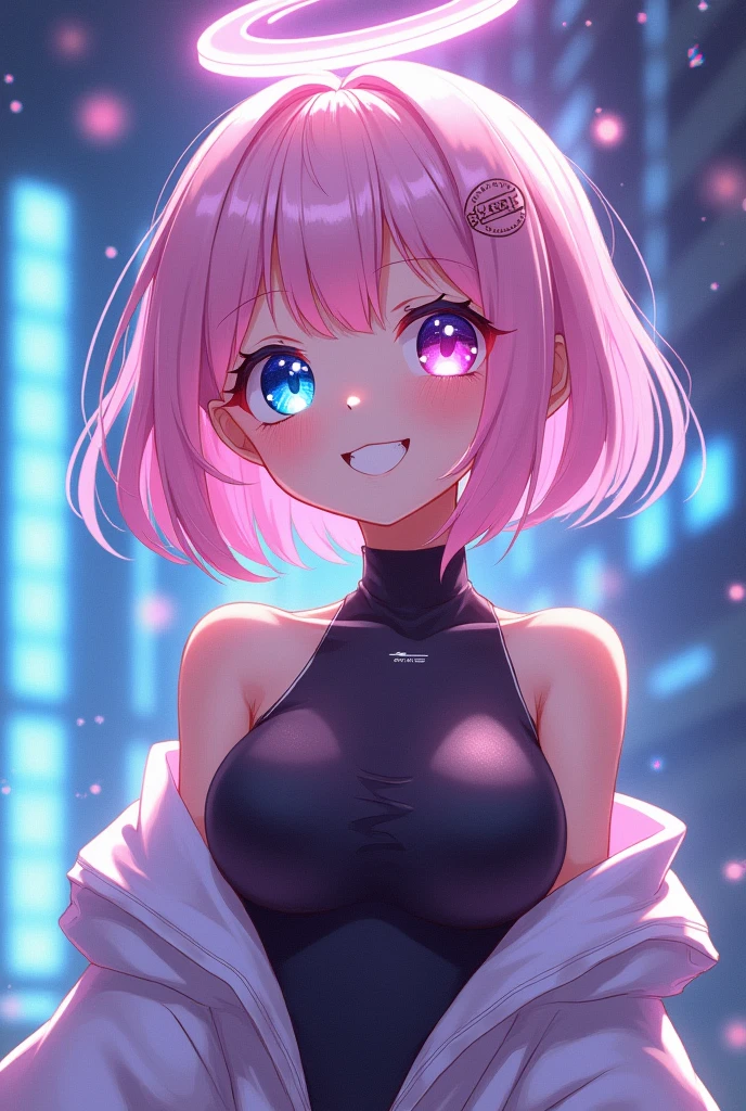 Anime human girl, a young girl with a halo like the moon, light pink hair, two eyes of different colors, her outfit is cyber but modern, has a cheerful smile.
