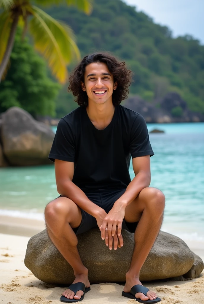 Photography of a young Indonesian man aged 20 years with long curly hair wearing a black t-shirt, shorts, flip-flops, smiling, sitting on a rock with a Wakatobi beach background.