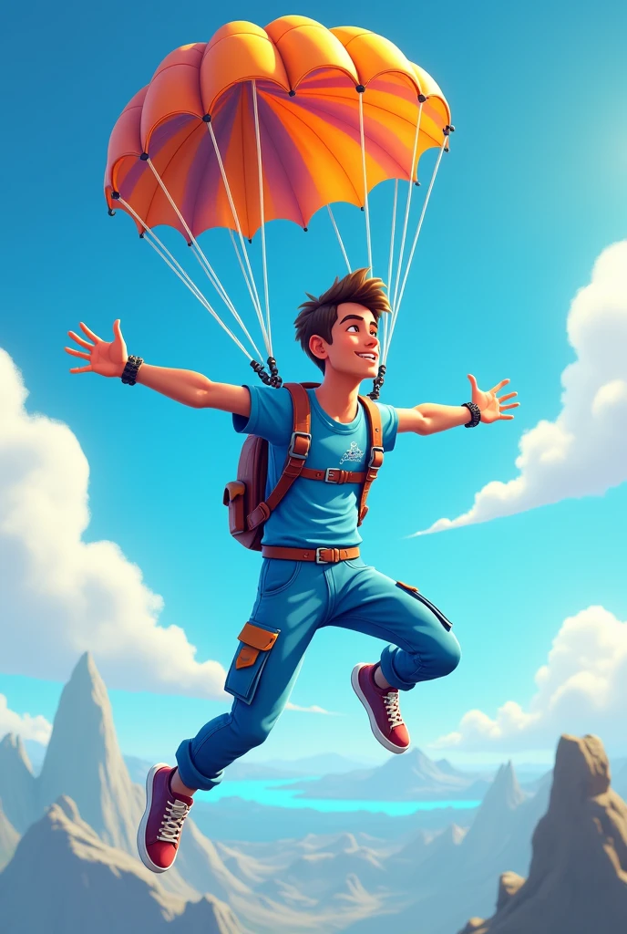 A young male character from a battle royale game wearing blue clothes and sneakers, jumping out of a plane with a parachute. Very cartoonish graphic