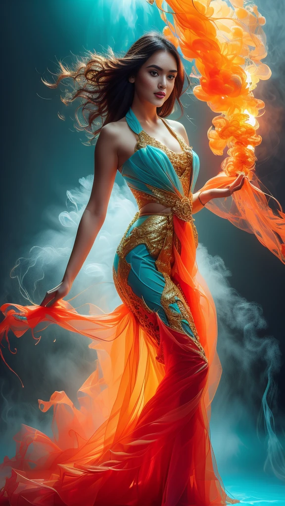 A Closer Look at Gandis_Intestines, beautiful eyes, flirtatious, Wearing a gold silk dress, Touch your chin with your hands, Red lipstick, detail, fire. abstract blue-turquoise fire, Eyes looking at camera, fire sprayed to water from left and right side, fire in blue-turquoise colours, black background, Illustrative, Ultra HD, (best quality,4K,8K,high resolution,masterpiece:1.2),ultra-detailed,(Practical,photoPractical,photo-Practical:1.37),Bright colors,Energetic,Dynamic,Fascinating,Hypnosis,Liquid Art,Abstract Expressionism,Liquid Rainbow,Underwater scene,Dramatic Lighting,Dynamic composition,Rainbow Spray,Black void background