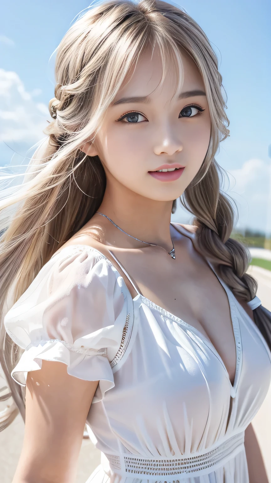 Mini Dress、Silver Hair、Sexy Big ,15 year old beautiful girl looks sexy and cute&Cute beautiful sexy face、A strong wind blows my hair in front of my face、Double teeth、Reduce the appearance of nasolabial folds、Fluttering Exy Big 、Sexy cute looks and cute 15 year old beautiful girl, beautiful and sexy face、A strong wind blows my hair in front of my face、beautiful long blonde French braided hair、beautiful, Cute and sexy eyes hidden behind long bangs、Glare、Tears are welling up in my eyes.、