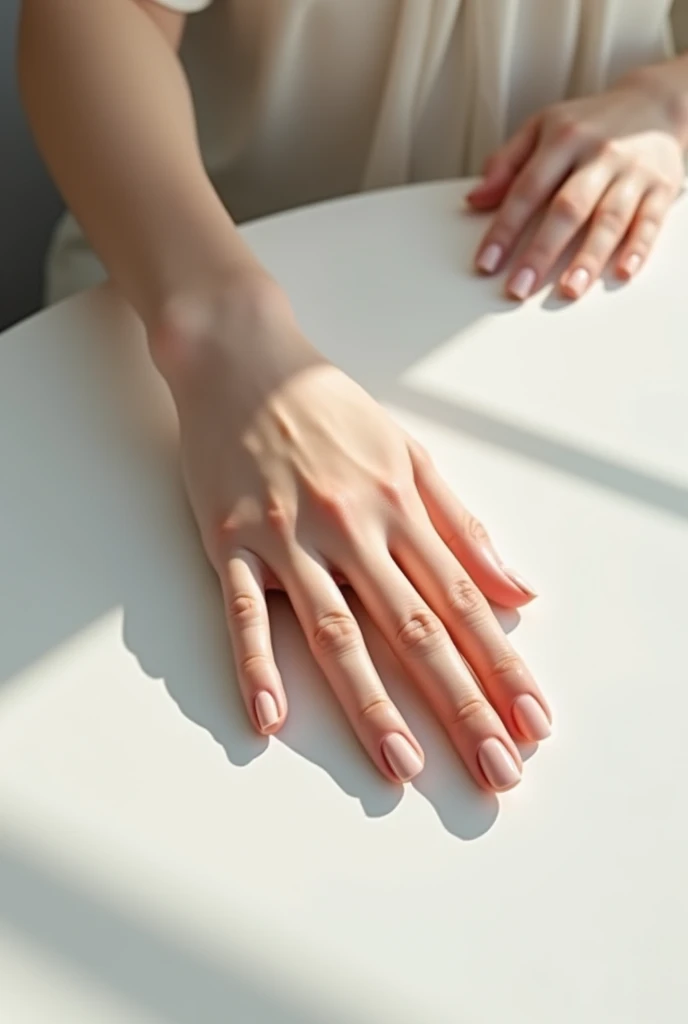 Woman&#39;s hand on a white table