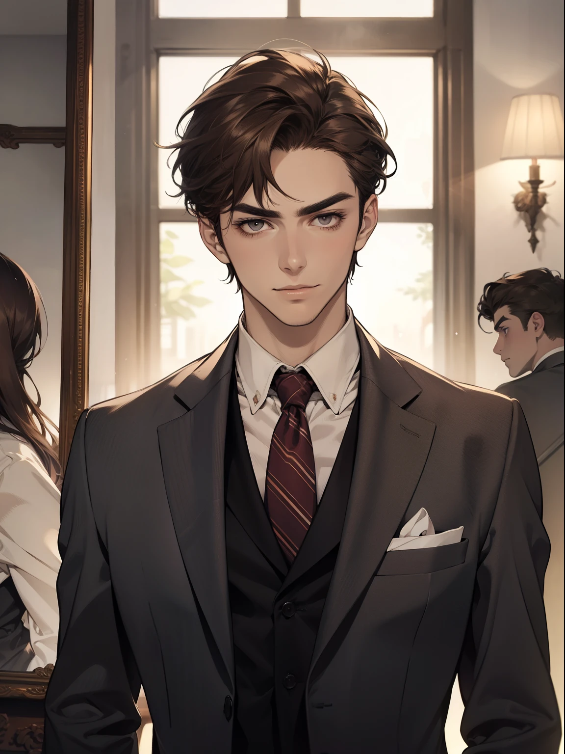Masterpiece, Best quality, Realistic, 1 person, Mature male, Quiet and charming young man, 2 old, Serious look, Closed mouth, Portrait, Extremely detailed face, cold smile, ((dark gray eyes)), ((Right sweep short dark brown hair)), [Thick eyebrows], ((suit)), Handsome, full bodyesbian, Western, Jewish, Light brown skin,Stand in front of the mirror，Organize your clothes