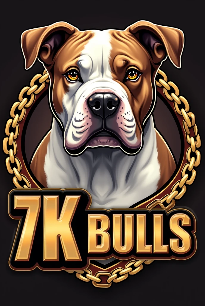 "Generate an eye-catching logo for an exotic American Bully breeder, micro size. The dog must be muscular, white and exotic brown , with short snout, well-marked forehead and cropped ears like a pitbull. The body should resemble that of an English bulldog., but with extra defined muscles. The logo should include gold chains for a luxurious touch.. The name of the breeder is '7K Bulls' and must be written prominently in a stylish font. The predominant colors should be gold and rich tones that stand out."