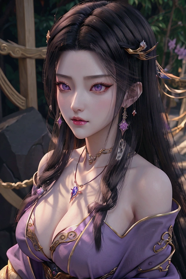 evil anime human woman. half-up long black hair. fair skin. purple eyes. big boobs. Modest Wuxia clothes. snowflake necklace. mauve smirking lips. Realism style. 3D anime model style. CGI animation. Wuxia style. Yun Lan Sect background.