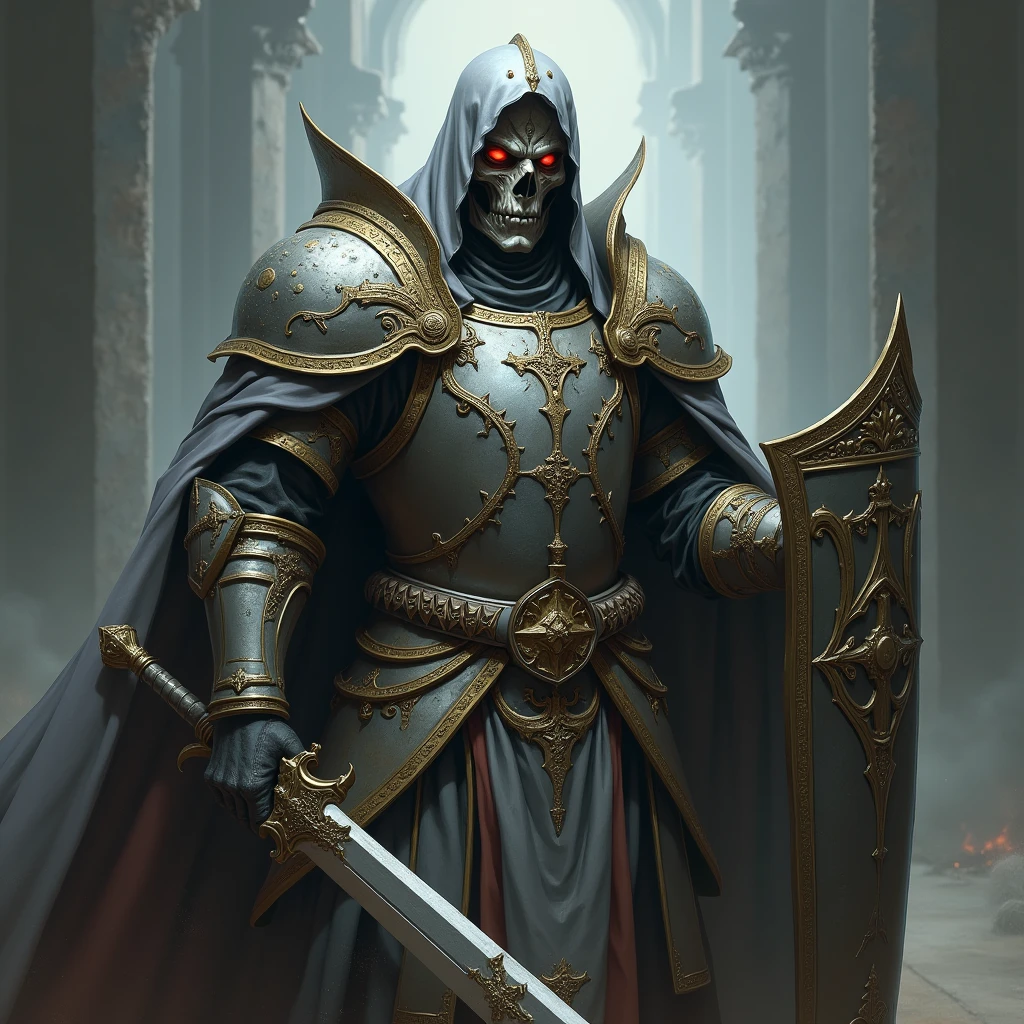Crie uma imagem de um paladino sem capacete com cara deformada baseado no mundo de d&d, with gray and gold armor posting a shield and holy sword and eyes glowing red
