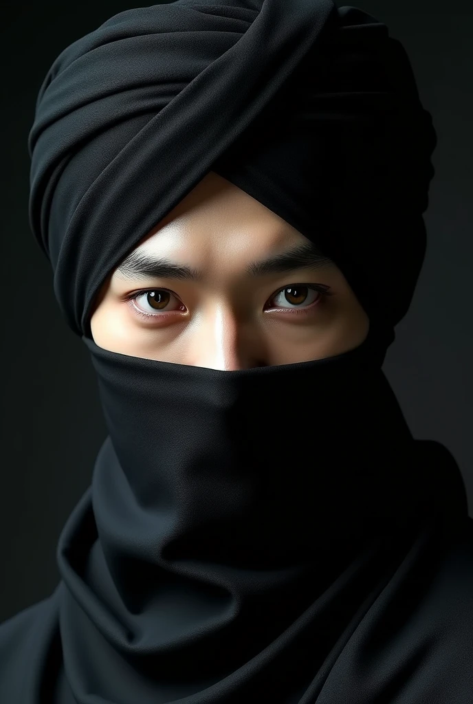Jeon jungkook with a black turban on his head and his mouth covered 