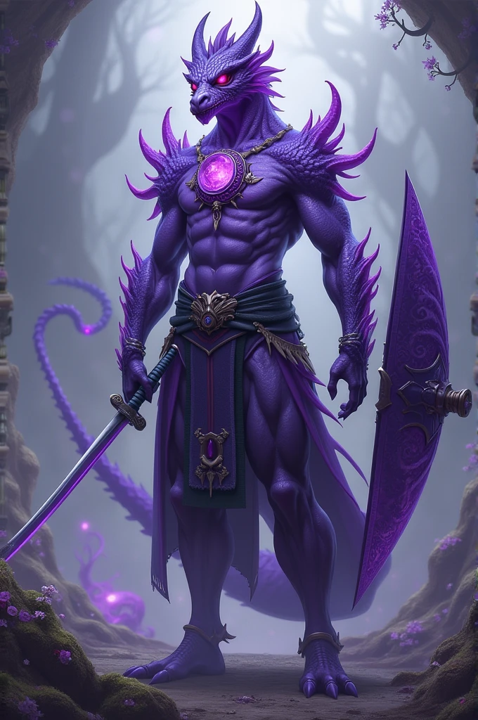 A violet-colored human fused with dragon with an amethyst necklace and a katana and a shield