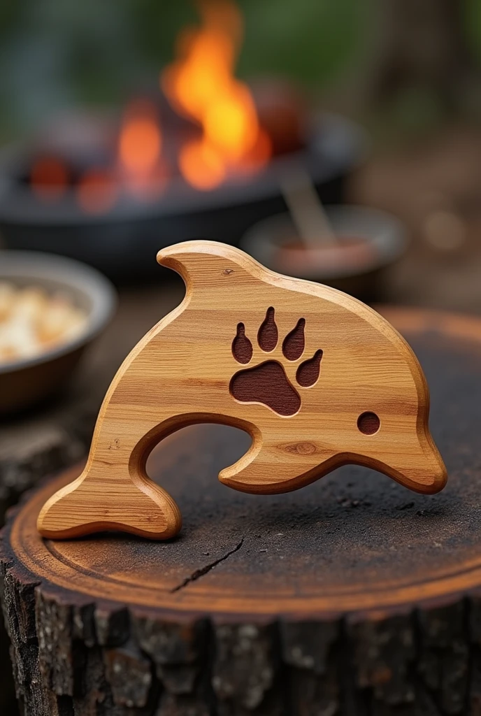 Create an image of a wooden barbecue board in the shape of a dolphin with a bear claw mark