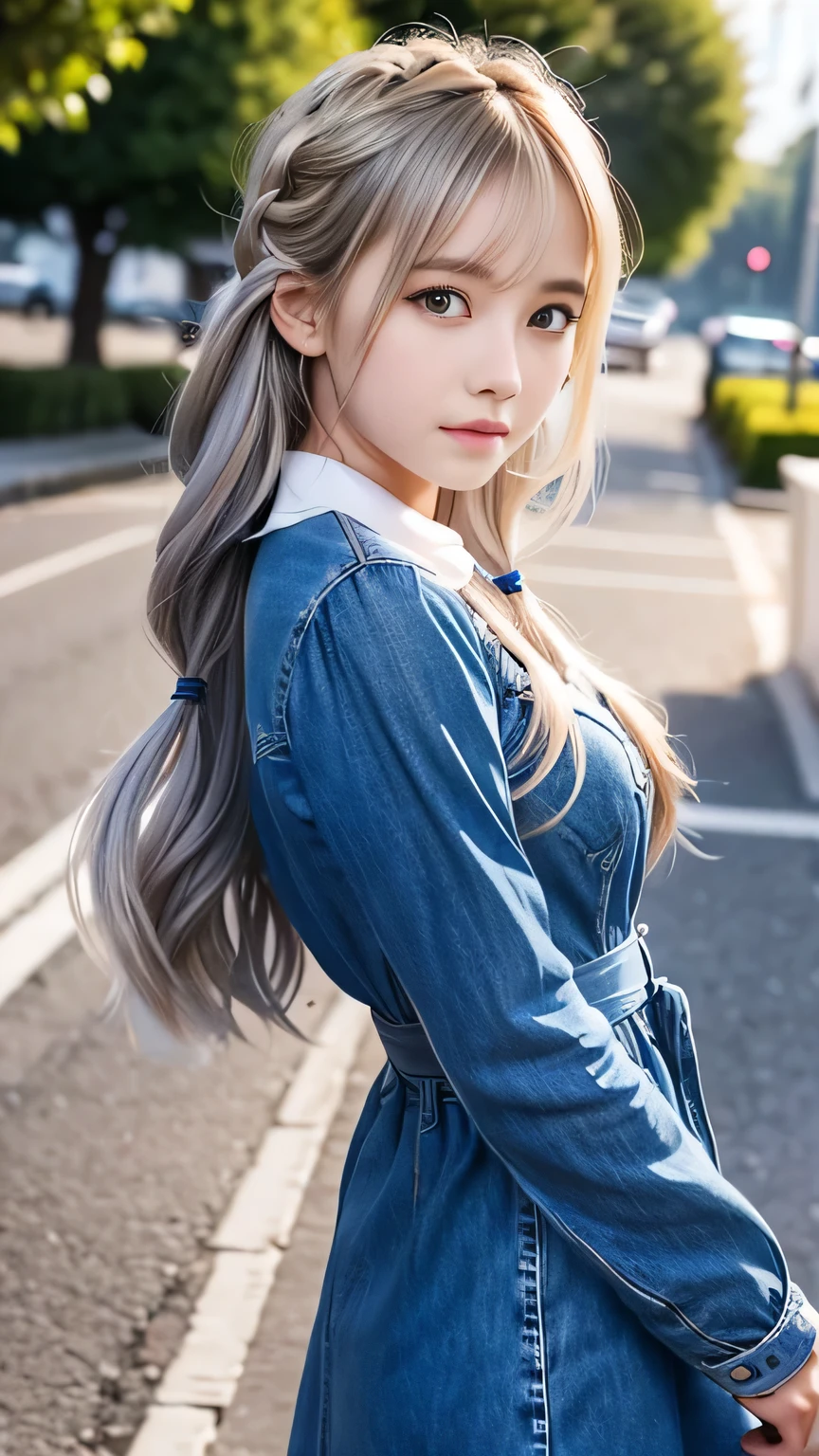 Mini Dress、Silver Hair、Sexy Big ，15 year old beautiful girl looks sexy and cute＆Cute beautiful sexy face、A strong wind blows my hair in front of my face、Double teeth、Reduce the appearance of nasolabial folds、Fluttering Exy Big 、Sexy cute looks and cute 15 year old beautiful girl, beautiful and sexy face、A strong wind blows my hair in front of my face、beautiful long blonde French braided hair、beautiful, Cute and sexy eyes hidden behind long bangs、Glare、Tears are welling up in my eyes.、