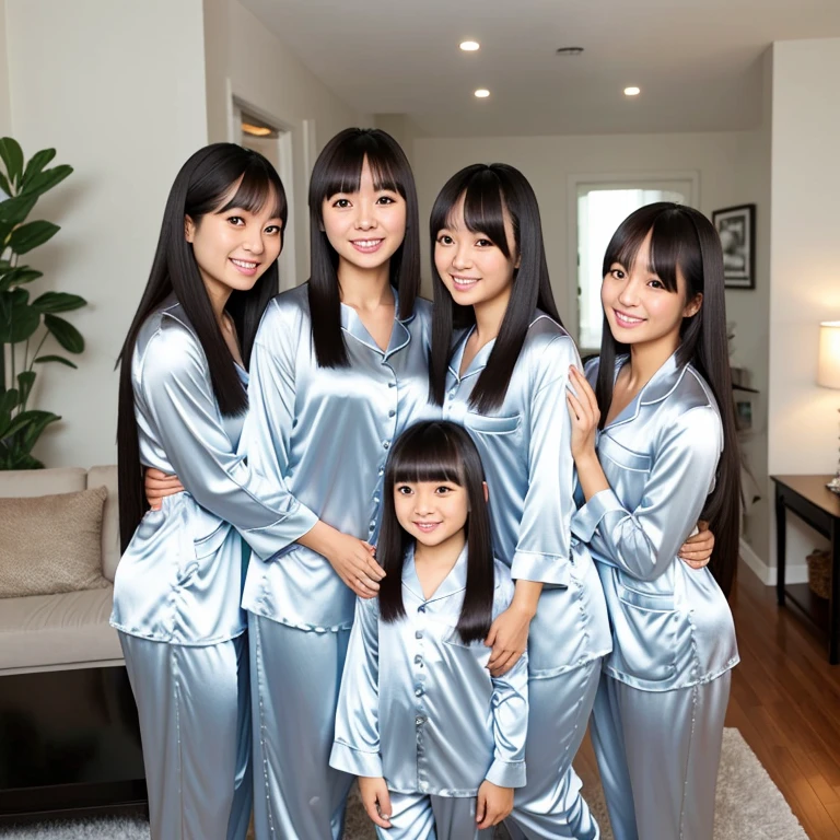 Twin Asian Mothers with silver Satin Pajamas, Hug with Twin Asian Daughters with Silver Satin Pajamas, Long Hair with Full Bangs, Full Body, Living Room, Smile, Friendly.