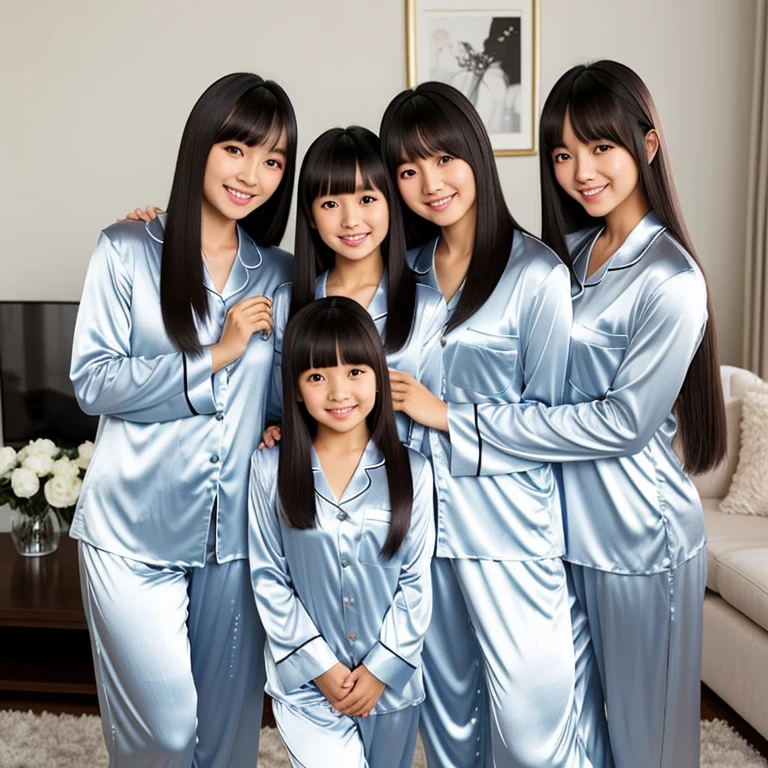 Twin Asian Mothers with silver Satin Pajamas, Hug with Twin Asian Daughters with Silver Satin Pajamas, Long Hair with Full Bangs, Full Body, Living Room, Smile, Friendly.