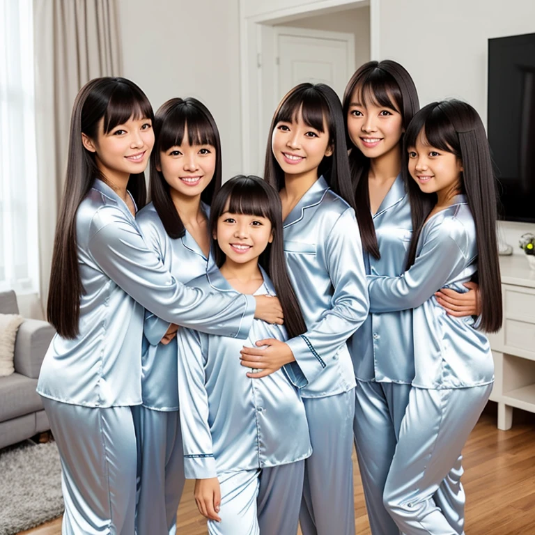 Twin Asian Mothers with silver Satin Pajamas, Hug with Twin Asian Daughters with Silver Satin Pajamas, Long Hair with Full Bangs, Full Body, Living Room, Smile, Friendly.
