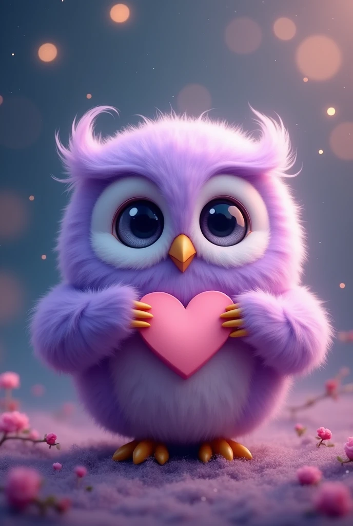a cute purple owl making a very small heart with its wings