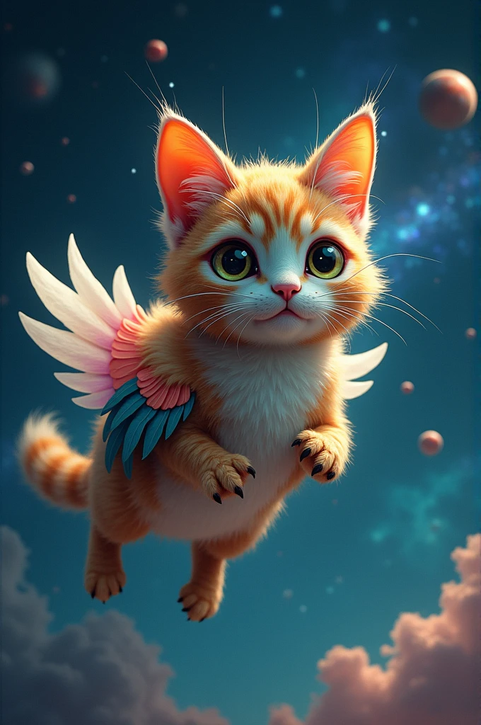 Create me a weird and funny space cat half cat and half bird