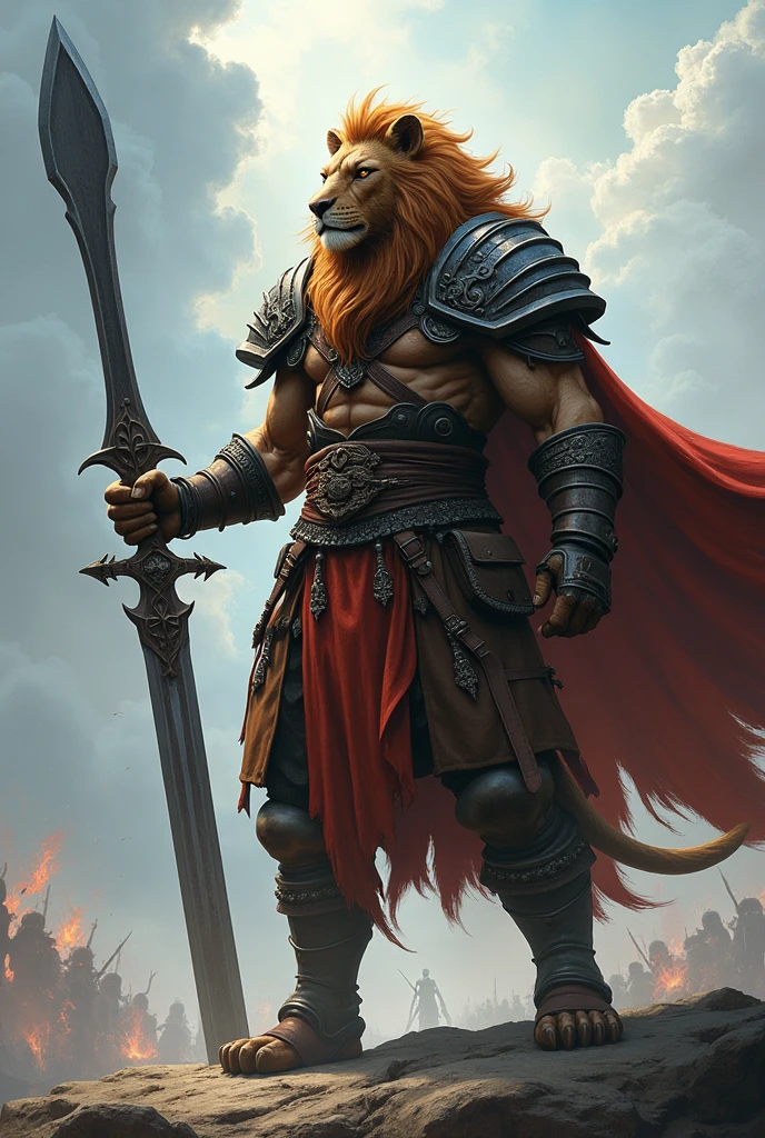 Tabletop RPG character (fully body) ultra realisitic!!! HOLDING A CLYMORE WITH BOTH HANDS!!! CELESTIAL WAR BACKGROUND!

3. **race**: **robe**  warrior class priest apprentice - **Characteristics**: kagriel pertence à raça robe, characterized by a bestial and leonine appearance, mixing feline traits:
     - **head**: kagriel tem uma face que mistura características humanas com as de um leão. He has a thick, wild mane that runs down the back of his head to his shoulders.. Your eyes are intense, and their teeth are sharp, with prominent canines.
     - **cos**: robust and muscular, with a posture that reflects the strength and elegance of a warrior. Your chest is wide, and his arms are powerful, indicating his great physical strength.
     - **patas**: Its legs end in lion-like paws., com garras afiadas. The paws are covered with golden fur that reaches up to the knees.. He doesn&#39;t wear shoes, but the armor protects your ankles and part of your legs.
     - **Tailpussy**: kagriel possui uma cauda de leão, that moves elegantly and naturally, adding to its bestial aspect.

4. **General appearance**:
   - **kor**: approximately 35 years.
   - **tenue**:
     - **armour**: kagriel veste uma armadura simples e funcional, made of sturdy metal. The armor covers his torso, Shoulders and arms, without ornaments or magical inscriptions, reflecting his battle experience and his preference for practicality.
     - **Elmo**: He wears a helmet that covers part of his face., with space for your mane to come out. The helmet has a partial mask, giving it an intimidating appearance.
     - **badass clothing**: Underneath the armor, kagriel veste roupas de couro, suitable for long journeys and hostile environments.
     - **Claymore**: kagriel empunha uma grande Claymore com **Both hands**. Made of Dwarven Steel, the sword has a dark gray tone, being robust and striking, reflecting your strength and presence.
   - **stance**: kag