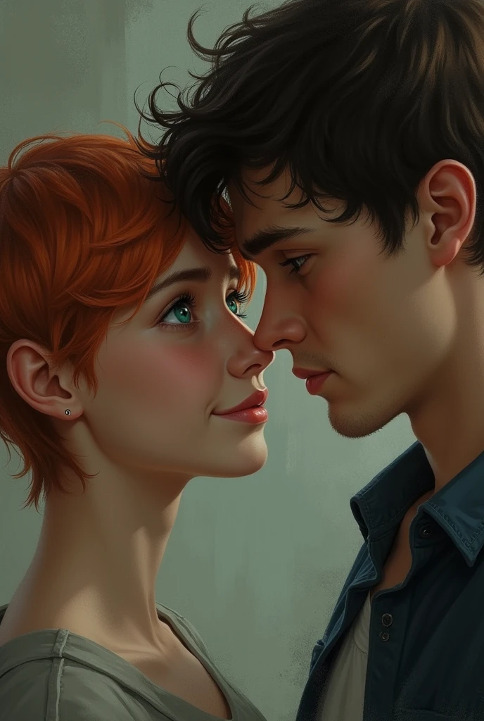 Sweet smiling tan girl with pixie cut ginger hair and sad aqua blue eyes in love with a troubled Ex-convict with short black hair and dark brown eyes 
