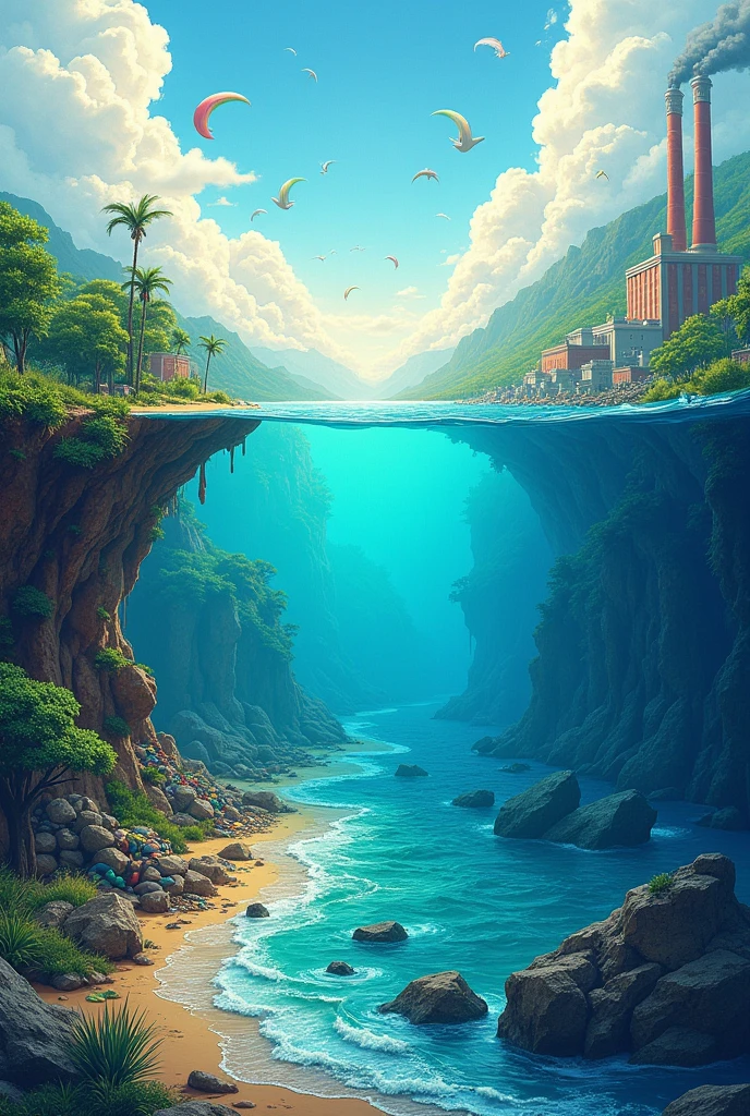 Make an image where the world is divided in two, On the one hand, everything is clean and beautiful, and on the other hand, the world is polluted., the ocean manifests itself.
Let the image convey awareness about the environment.
That the image is easy to draw