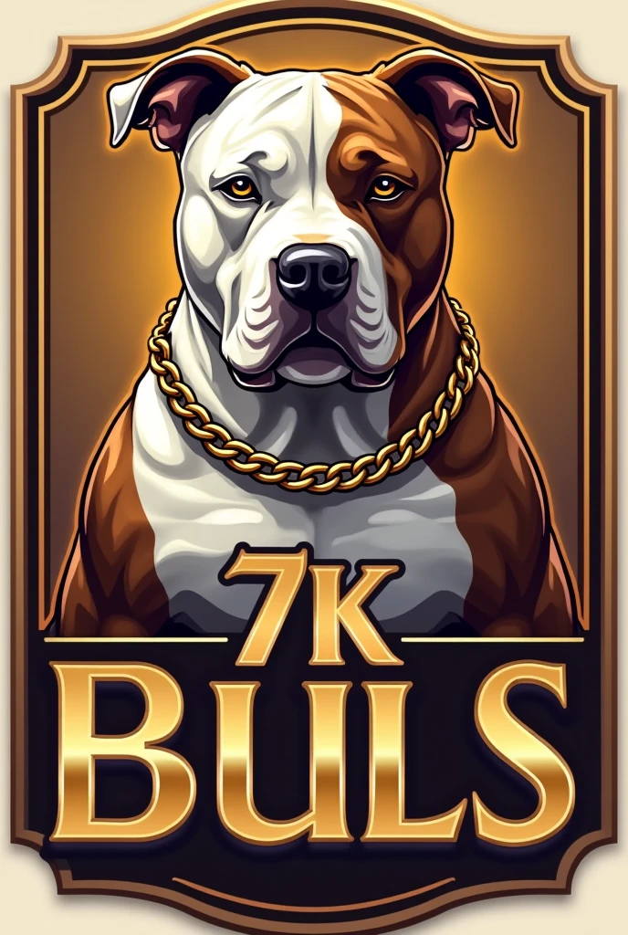 
"Generate an eye-catching logo for an exotic American Bully breeder, micro size. The dog must be muscular, white and exotic brown , with short snout, well-marked forehead and cropped ears like a pitbull. The body should resemble that of an English bulldog., but with extra defined muscles. The logo should include gold chains for a luxurious touch.. The name of the breeder is &#39;7K Bulls&#39; and must be written prominently in a stylish font. The predominant colors should be gold and rich tones that stand out."