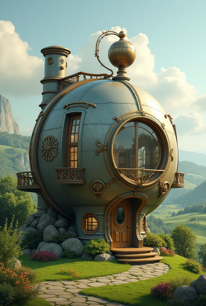 A two-story house that is shaped like a pocket watch but is not so noticeable.