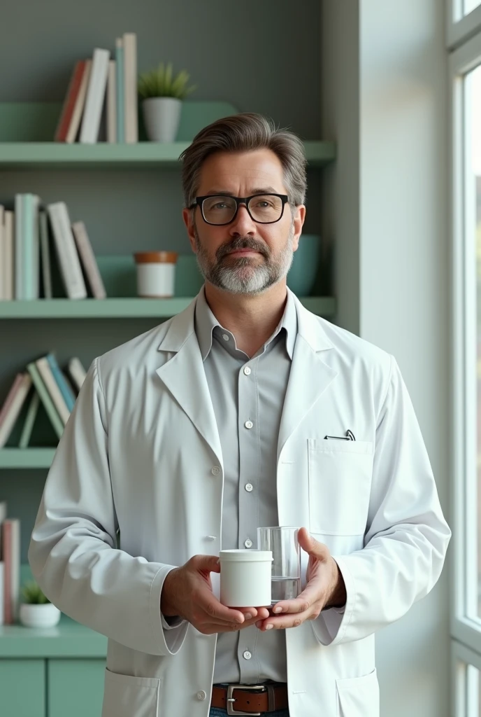 Create a man 3,
brown in white coat, glasses, holding a glass of water in his left hand and a white medicine pot in his right hand. in the background a bookshelf with books. White wall with green details