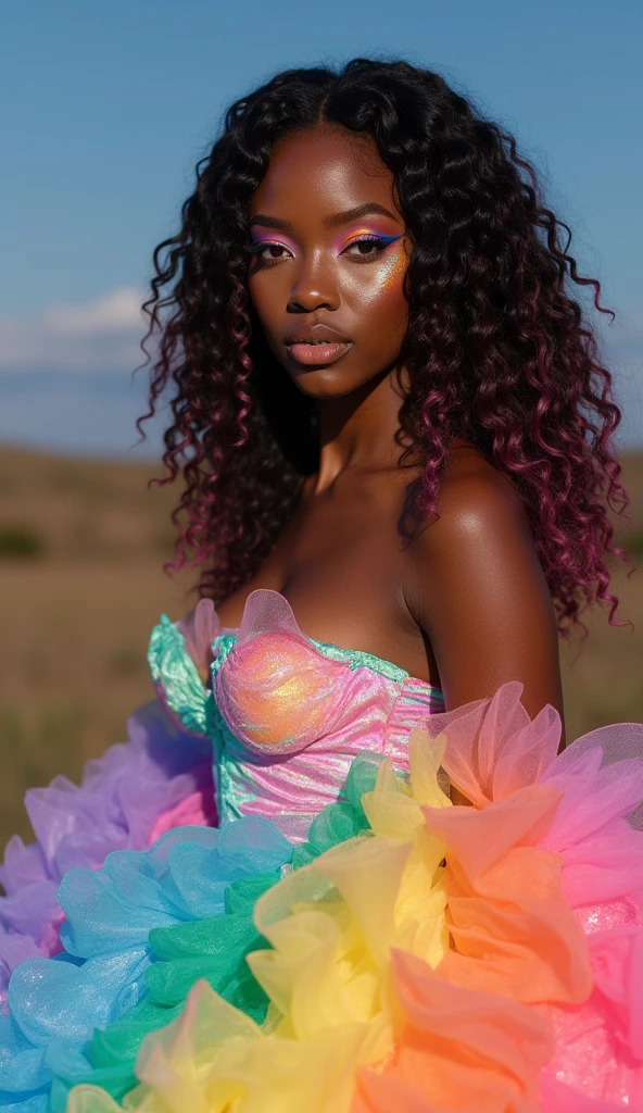 Rainbow Ombre Makeup Look
(medium shot photo, intricate details) Full body image of a young Black woman wearing an iridescent rainbow ombre ruffled ballgown and extra long wet look rainbow ombre hair in loose curls. Her makeup features graphic multi colored cut crease eyeshadow, holographic highlighter, and rainbow freckles across nose and cheeks.