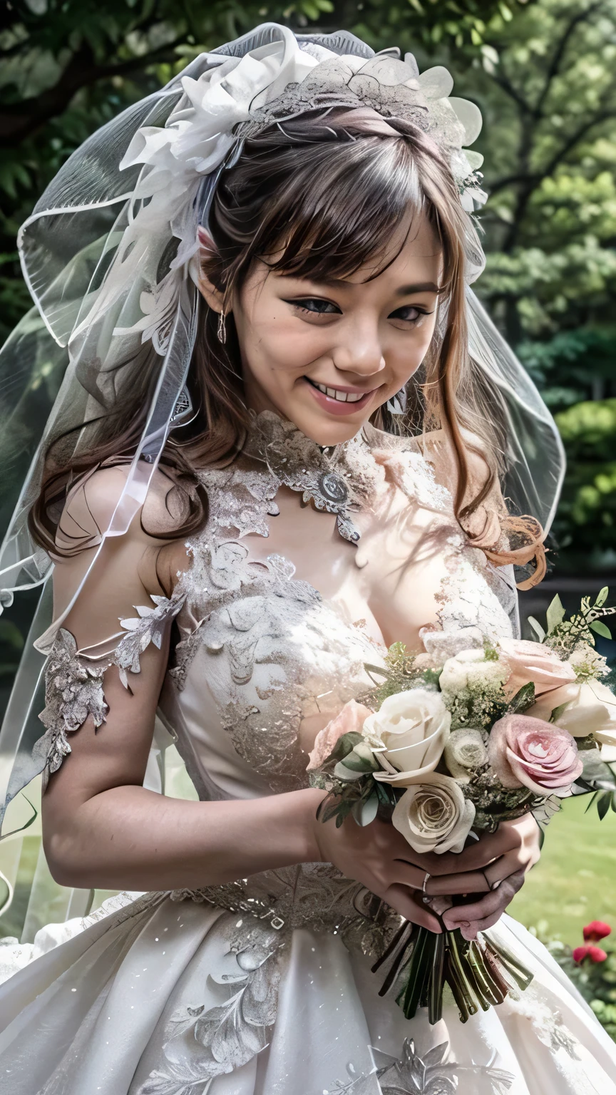 (Smiling Japanese bride in the garden、(Squint your eyes and laugh、A big smile)、The whole body is visible)、Many people celebrate、(Realistic、Like a photograph、Live Action、8k, Realistic, RAW Photos, Best image quality: 1.4), Single-lens reflex camera、RAW Photos, Highest quality, Realistic, Very detailed CG Unity 8k 壁紙, Written boundary depth, Cinematic Light, Lens flare, Ray Tracing, Realistic background、((Wedding dress:1.5、bouquet)、Cleavage)、((ultra high density skin))、 Cute Japan Bride、Overflowing with smiles、Random Hairstyles:1.2、I like that style、stylish、Very detailed、Pay attention to the details、perfect bridal dress、(White skin)、Great atmosphere、View from the front、Beautiful background、Detailed background depiction、Detailed portrait、View from the front