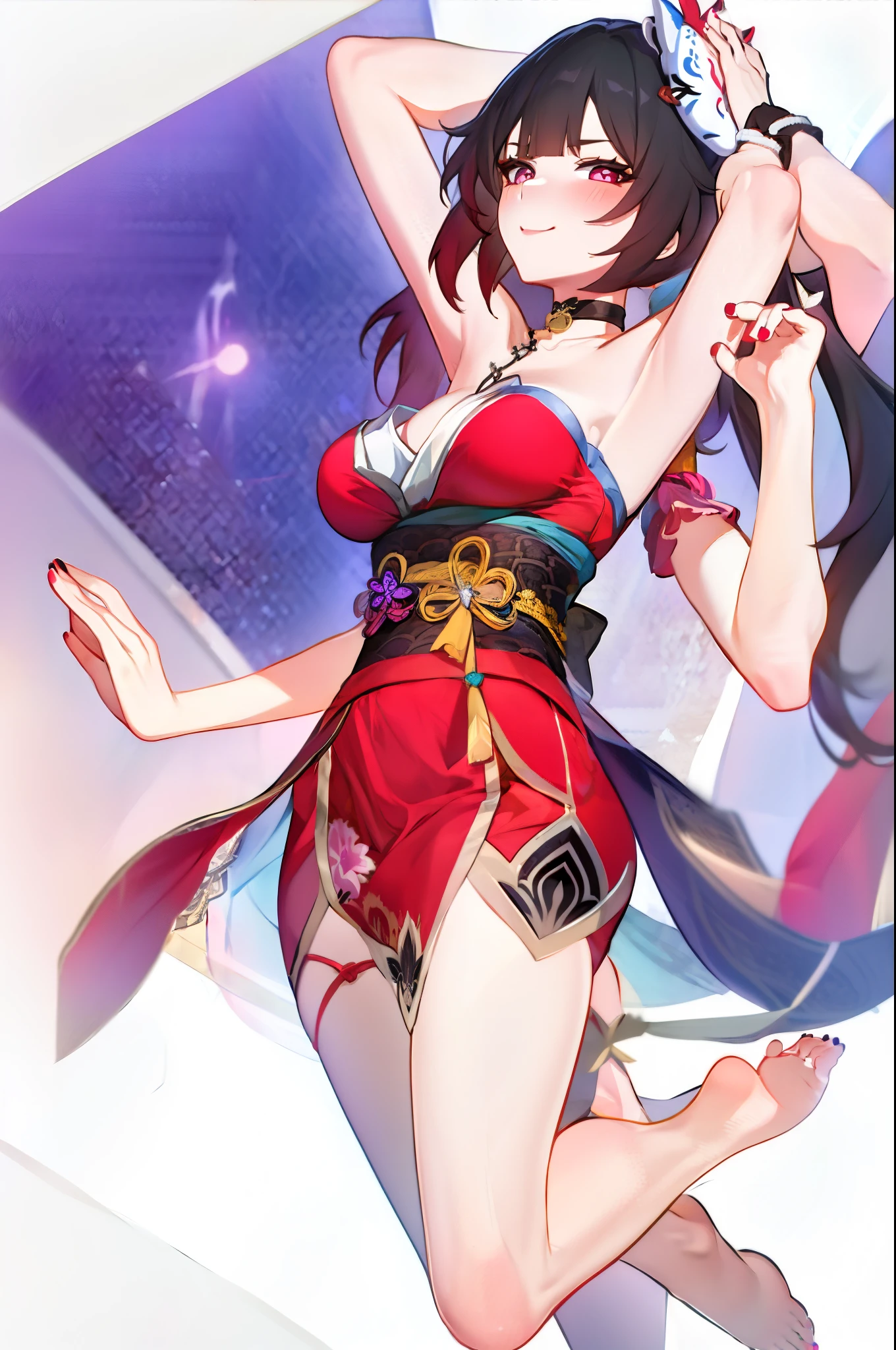 (2 heads:1.3), 1 woman, Sparks \(Honkai: Star Rail\), Twintail, hair accessories, alone, Off shoulder kimono, black nails, Mask on the head, Arms separated,legs apart, choker, heart, Single gloves, Wristband, Hanging rope across, thigh strap, Blush, sit, from below, Focus on the feet, cross your legs., cross your legs, Look at the viewer., Barefoot, suffocate, ecstasy, smileที่เย้ายวนใจ, Pink-red bedroom, sofa,Masterpiece, illustration, beautiful, 4K, 8ก,DSLR Photos, (8ก, 4K, Masterpiece),(Masterpiece, best quality), best resolution, (3 heads:1.5),Arms separated,arm circle, (Put your hands on your head....), (lower hand on ankle), (lower hand on leg), Full content in the frame, full body view, (four arms),(Multi-arm),(many hands), รูปร่างเพรียวบาง Masterpiece,best quality,best resolution,1 woman,many heads, upper body, smile, Facing the audience,big breasts,simple background,หน้าbeautiful,ผมbeautiful,ดวงตาbeautiful,ร่างกายที่beautifulงาม,มือbeautiful,conjoined twins
