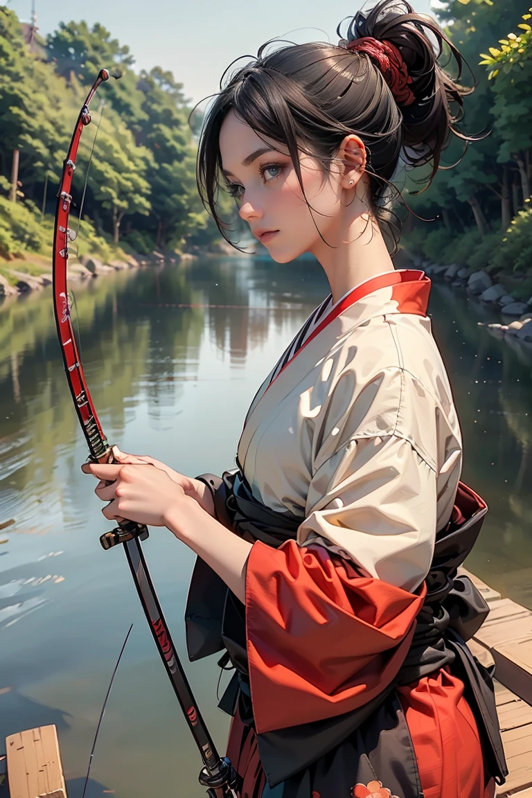 ((masterpiece, highest quality, Highest image quality, High resolution, photorealistic, Raw photo, 8K, Extremely detailed CG unified 8k wallpaper)), Fishing Samurai girl, black hair tied back, detailed beautiful face, detailed female hands, wearing red kimono and black hakama, (Crouching on a wooden bridge, holding a fishing rod and casting the line into the river:1.3), viewed from the side.